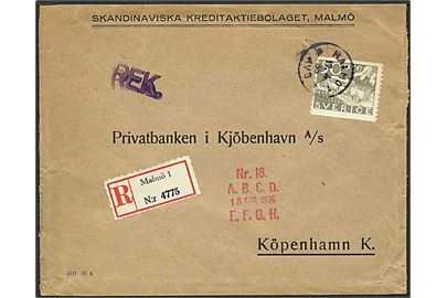 50 øre grå singelfrankatur på Rec. brev fra Malmø, Sverige, d. 17.4.1936 til København.