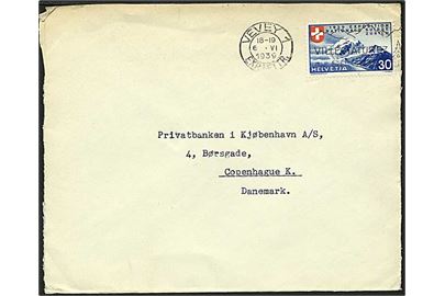 30 centimes blå på brev fra Vevey, Schweiz, d. 6.6.1939 til København.