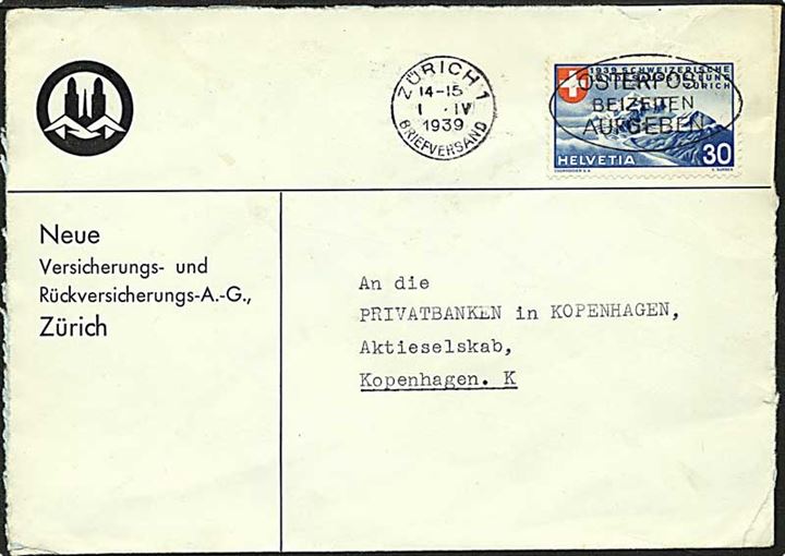 30 centimes blå på brev fra Zürich, Schweiz, d. 1.4.1939 til København.