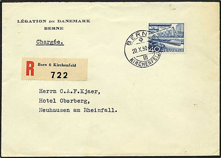 40 centimes blå på brev fra Bern, Schweiz, d. 20.10.1950 til København.