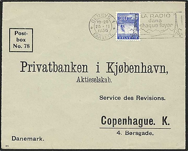 30 centimes blå på brev fra Geneve, Schweiz, d. 25.2.1936 til København.