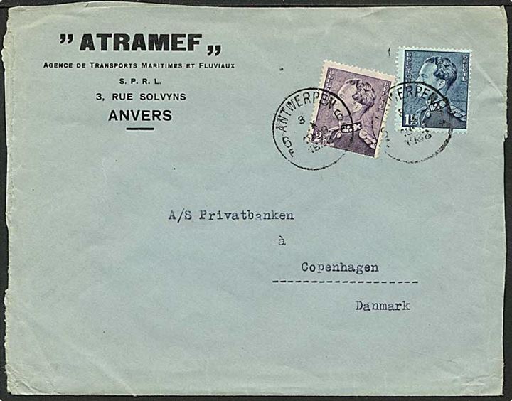 3,75 frank porto på brev fra Antwerpen, Belgien d. 3.10.1938 til København.