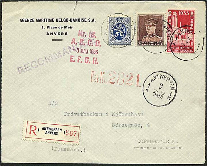 3,50 frank porto på Rec. brev fra Antwerpen, Belgien d. 6.5.1935 til København.