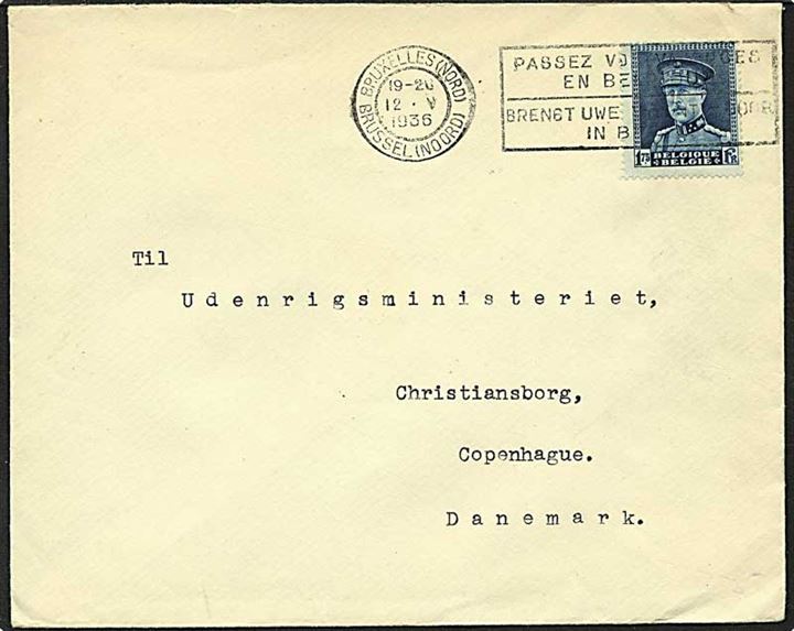 1,75 frank porto på brev fra Bruxelles, Belgien d. 12.5.1936 til København.