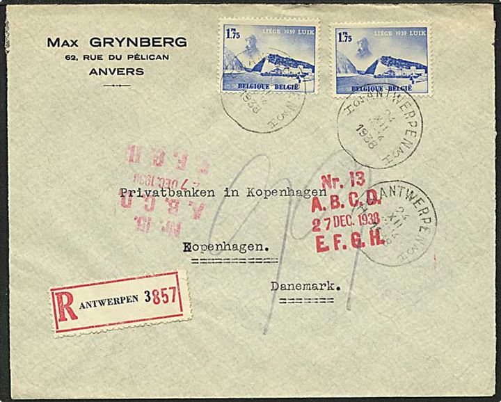 3,50 frank porto på brev fra Antwerpen, Belgien d. 24.12.1938 til København.