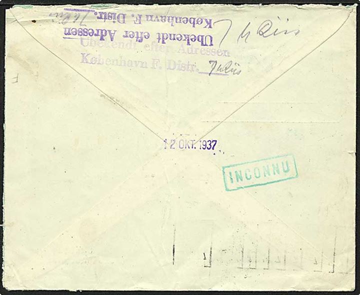 1,75 frank blå på brev fra Antwerpen, Belgien d. 8.10.1937 til København. Ubekendt efter adressen.