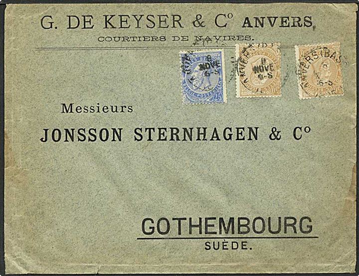 125 centimes porto på brev fra Antwerpen, Belgien, d. 9.11.1895 til Göteborg, Sverige.