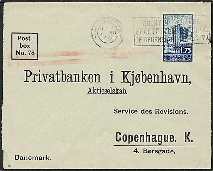 1,75 frank blå på brev fra Antwerpen, Belgien, d. 5.7.1935 til København.