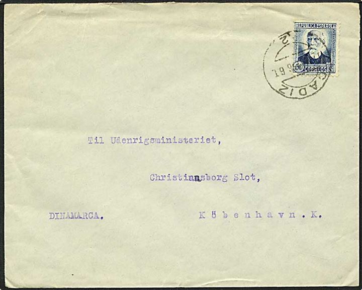 50 centimos blå på brev fra  Cadiz, Spanien, 1936 til København.