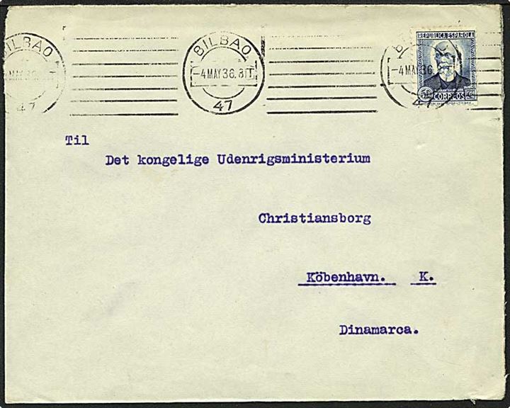 50 centimos blå på brev fra Bilbao, Spanien, d. 4.5.1936 til København.