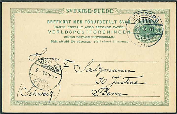 15 öre dobbelt helsagsbrevkort fra Göteborg d. 29.10.1901 til Bern, Schweiz. Overfrankeret med 5 øre. Vedhængende ubenyttet svardel. Sjælden helsag - Michel: €180 hvis portokorrekt.
