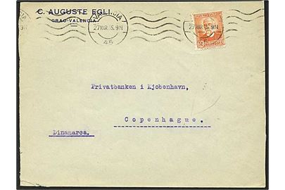 50 centimos orangerød på brev fra  Valencia, Spanien, d. 27.3.1935 til København.