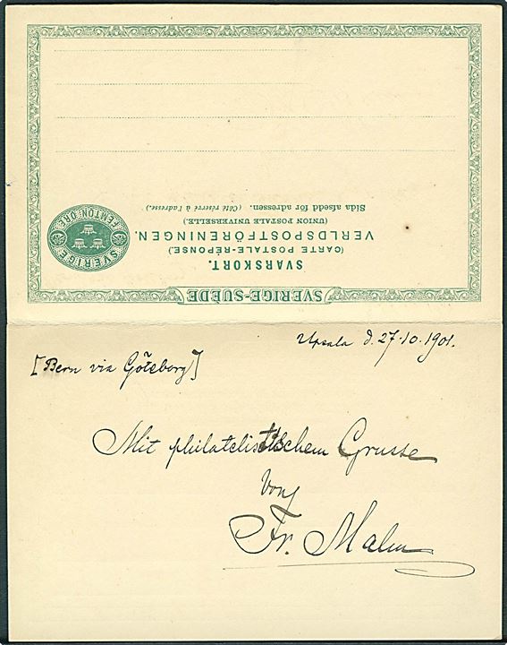 15 öre dobbelt helsagsbrevkort fra Göteborg d. 29.10.1901 til Bern, Schweiz. Overfrankeret med 5 øre. Vedhængende ubenyttet svardel. Sjælden helsag - Michel: €180 hvis portokorrekt.