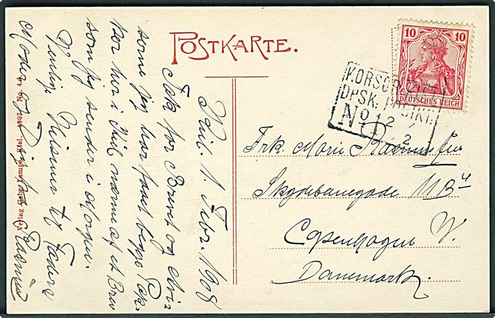 10 pfg. Germania på brevkort (Unsere Marine) fra Kiel annulleret med skibsstempel Korsør - Kiel DPSK:POSTKT: No. 1 d. 2.2.1908 til København, Danmark.