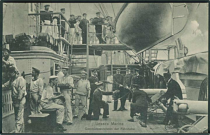 10 pfg. Germania på brevkort (Unsere Marine) fra Kiel annulleret med skibsstempel Korsør - Kiel DPSK:POSTKT: No. 1 d. 2.2.1908 til København, Danmark.