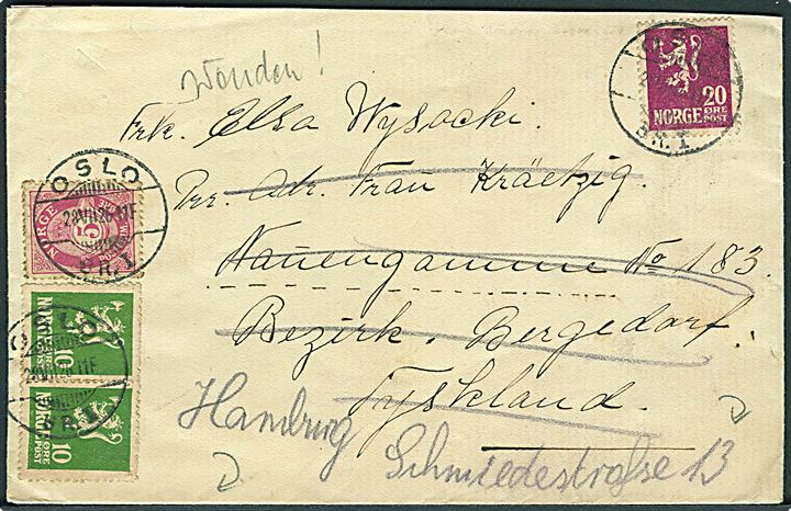 5 øre Posthorn, 10 øre (par) og 20 øre Løve på brev fra Oslo d. 28.7.1926 til Bergedorf, Tyskland. Eftersendt med tysk 10 pfg. på bagsiden stemplet Bergedorf d. 30.7.1926 til Hamburg.