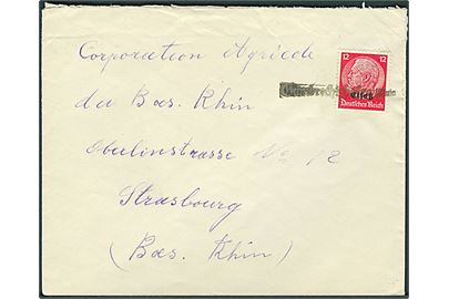 12 pfg. Hindenburg Elsass provisorium på brev annulleret med svagt liniestempel til Strasbourg.