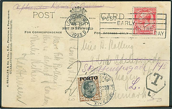 Engelsk 1d George V på underfrankeret brevkort (The Royal Wedding) fra Lozndon d. 17.7.1923 til København, Danmark. Udtakseret i porto med 25 øre Porto-provisorium stemplet Kjøbenhavn