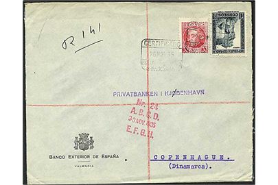 130 centimos porto på Rec. brev fra Valencia, Spanien, d. 26.11.1935 til København.