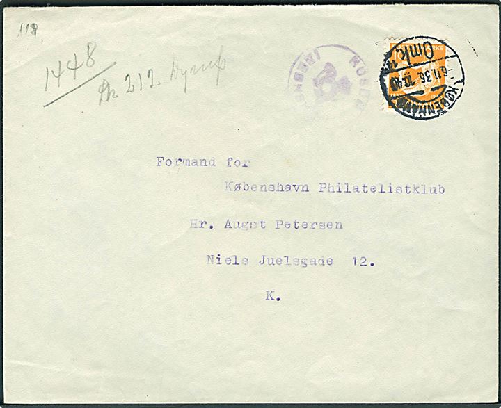 10 øre H.C.Andersen på lokal brev annulleret København d. 6.11.1936 og sidestemplet med posthornstempel HUSUM (BRØNSHØJ) til København.