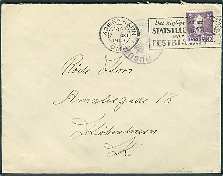 10 øre Chr. X på lokalbrev stemplet København d. 7.10.1943 og sidestemplet med posthornstempel HUSUM (BRØNSHØJ) til Dansk Røde Kors i København.