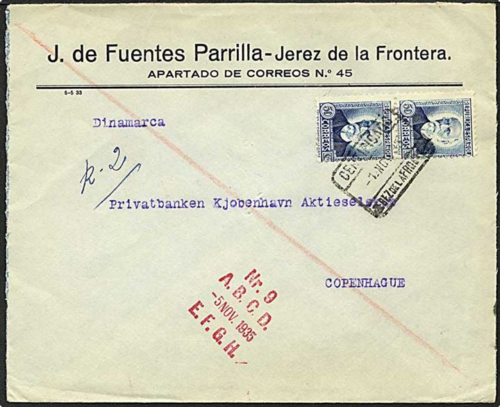 40 centimos blå på Rec. brev fra Spanien, 1.11.1935 til København.