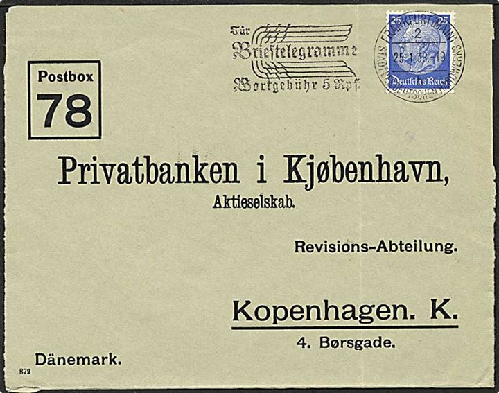 25 pfennig blå på brev fra Frankfurt, Tyskland, d. 25.1.1938 til København.