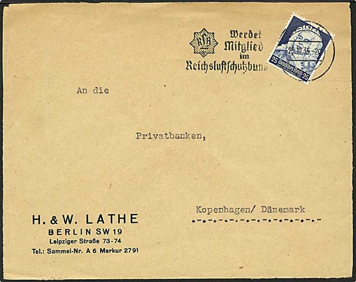 25 pfennig blå på brev fra Berlin, Tyskland, d. 25.10.1935 til København.