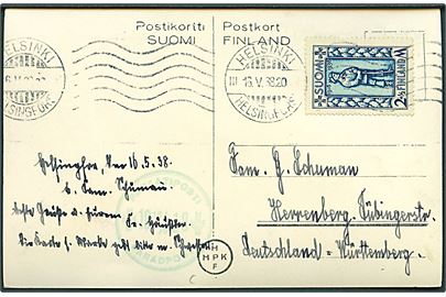 2+½ mk. Frontkæmper på brevkort fra Helsinki d. 16.5.1938 til Herrenberg, Tyskland. Svagt grønt stempel: Paradpost