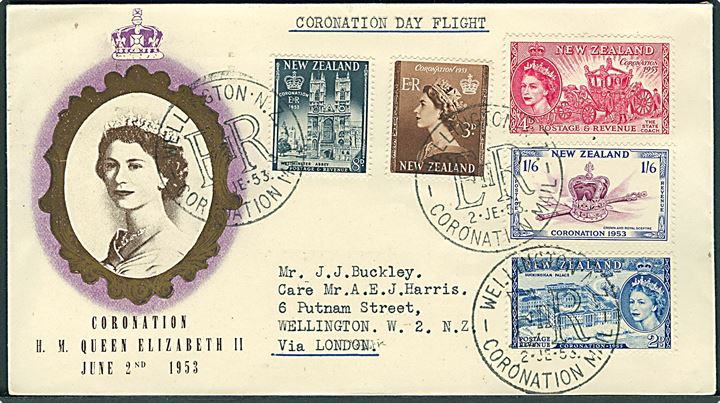 Komplet sæt Elizabeth II på særkuvert stemplet Wellington Coronation Mail d. 2.6.1953 via London til Wellington, New Zealand.