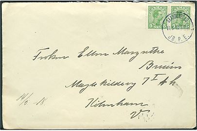 5 øre Chr. X i parstykke på brev annulleret med brotype IIIb Skanderborg JB.P.E. d. 11.5.1918 til København.