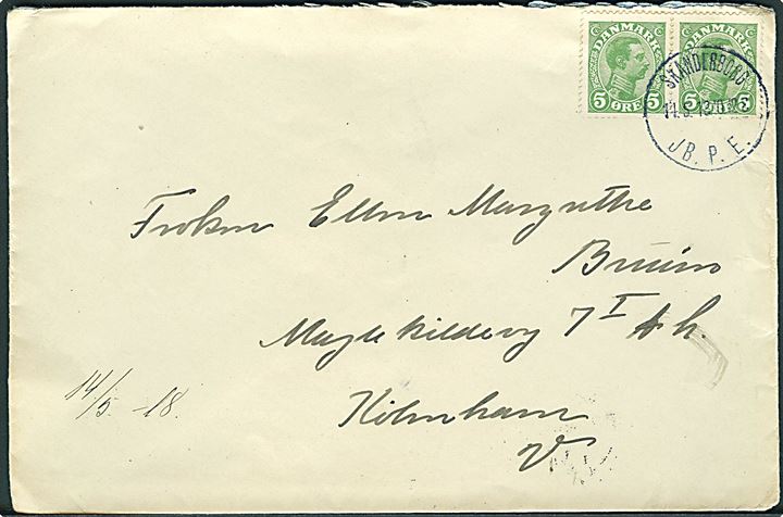 5 øre Chr. X i parstykke på brev annulleret med brotype IIIb Skanderborg JB.P.E. d. 11.5.1918 til København.