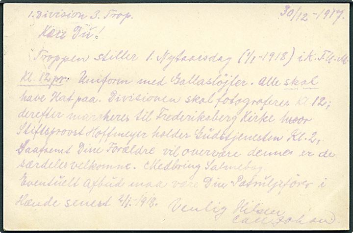 2 øre Bølgelinie i parstykke på tryksags-brevkort fra Hellerup d. 31.12.1917 til København. På bagsiden fortrykt meddelelse fra KFUM's 1. Division 3. Trop vedr. Nytårsgudstjeneste og fotografering. 