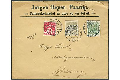 2 øre Bølgelinie, samt 3 øre og 5 øre helsagsafklip på brev fra Randers JB.P.E. d. 1.7.1914 til Kolding. Revet i toppen.