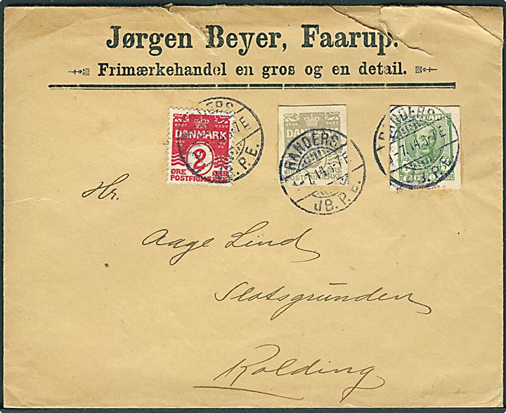 2 øre Bølgelinie, samt 3 øre og 5 øre helsagsafklip på brev fra Randers JB.P.E. d. 1.7.1914 til Kolding. Revet i toppen.