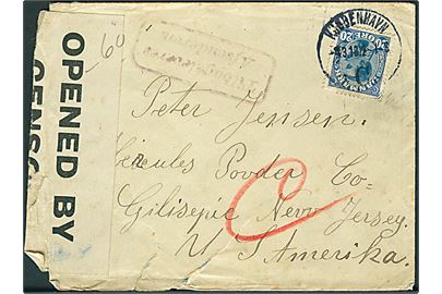 20 øre Chr. X på brev fra Kjøbenhavn d. 4.3.1918 til Gilispie, USA. Retur som ubnekendt. Åbnet af britisk censur 4702. Noget nusset.