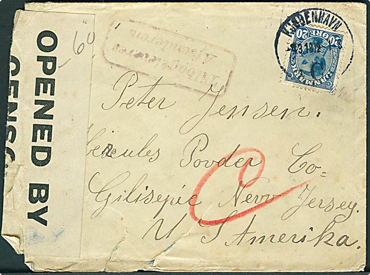 20 øre Chr. X på brev fra Kjøbenhavn d. 4.3.1918 til Gilispie, USA. Retur som ubnekendt. Åbnet af britisk censur 4702. Noget nusset.