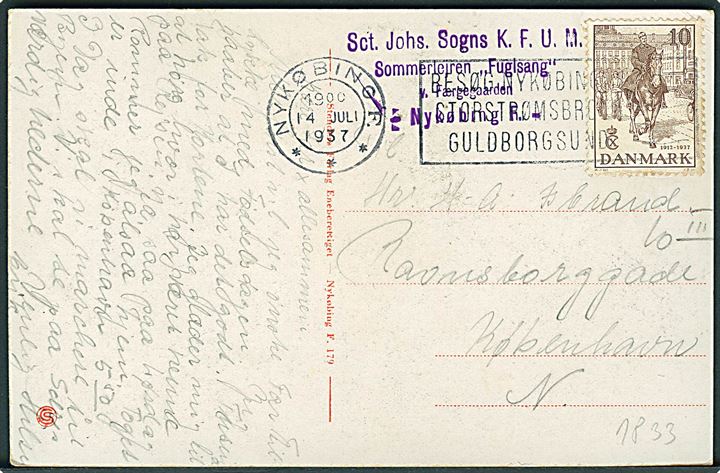 10 øre Regentjubilæum på brevkort (Nykøbing F. Færgegaard) fra Nykøbing F. d. 14.7.1937 til København. Privat afs.-stempel: Sct. Johs. Sogns K.F.U.M. Sommerlejren Fuglsang.
