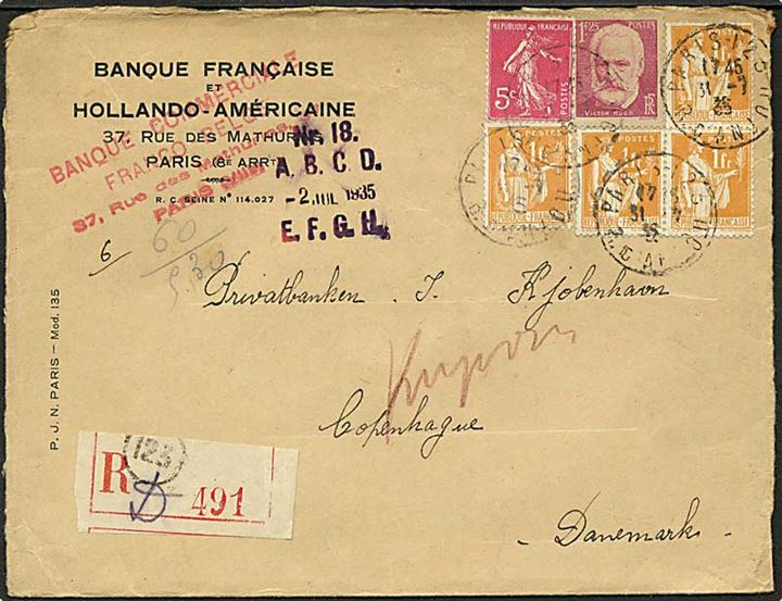 5,30 frank på Rec. brev fra Paris, Frankrig, d. 31.7.1935 til København.