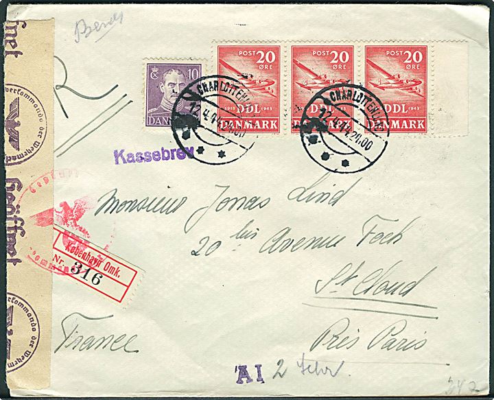 10 øre Chr. X og 20 øre DDL i 3-stribe på anbefalet brev fra Charlottenlund d. 12.4.1944 til St. Cloud, Frankrig. Liniestempel: Kassebrev. Åbnet af tysk censur i Hamburg.