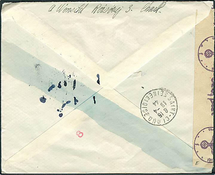 10 øre Chr. X og 20 øre DDL i 3-stribe på anbefalet brev fra Charlottenlund d. 12.4.1944 til St. Cloud, Frankrig. Liniestempel: Kassebrev. Åbnet af tysk censur i Hamburg.