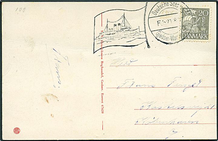 20 øre Karavel på brevkort (Dampfærgen Gedser) annulleret med tysk skibsstempel Deutsche Seepost Gjedser - Warnemünde d. 20.8.1937 til København.
