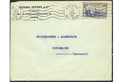 2,25 frank blå International udstilling i New York, USA, singelfrankatur på brev fra Paris, Frankrig, d. 20.6.1939 til København.