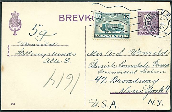 10 øre Chr. X helsagsbrevkort (fabr. 161) opfrankeret med 15 øre DSB Jubilæum sendt som 5-grams brevkort fra Hellerup d. 12.7.1947 til New York, USA.