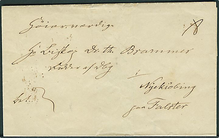 1844. 8 sk. francobrev påskrevet Bet. med antiqua Kjøbenhavn d. 24.10.1844 til Nykjøbing paa Falster.