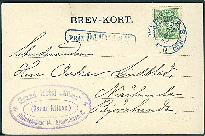 5 øre Våben på brevkort fra København annulleret med svensk bureaustempel PKXP No. 2 B. INR. U. d. 21.6.1902 og sidestemplet Från Danmark til Björnlunda, Sverige.