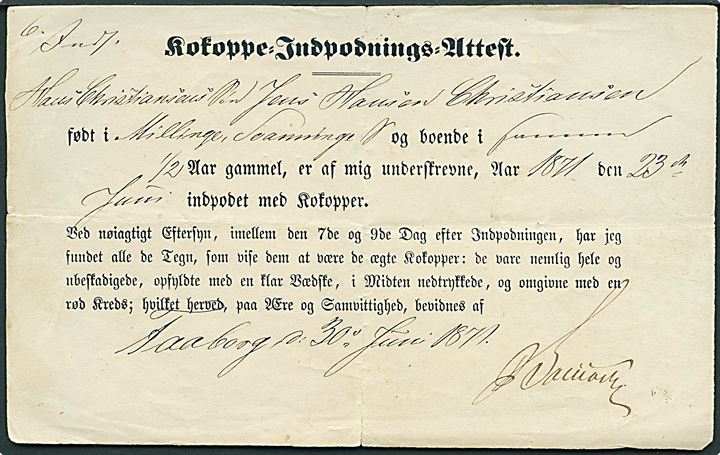 1871. Kokoppe-Indpodnings-Attest udstedt i Faaborg d. 23.6.1871.