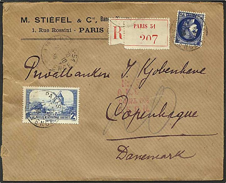 3,75 frank porto på Rec. brev fra Paris, Frankrig, d. 21.10.1938 til København.