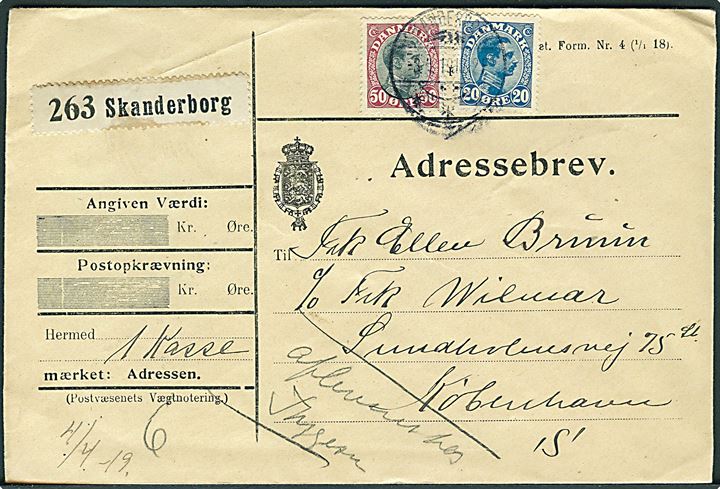 20 øre og 50 øre Chr. X på adressebrev fra Skanderborg d. 3.4.1919 til København.