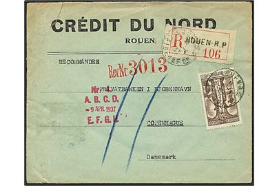 3,50 fran brun Saint-Trophine singelfrankatur på Rec. brev fra Rouen, Frankrig, til København d. 9.4.1937.